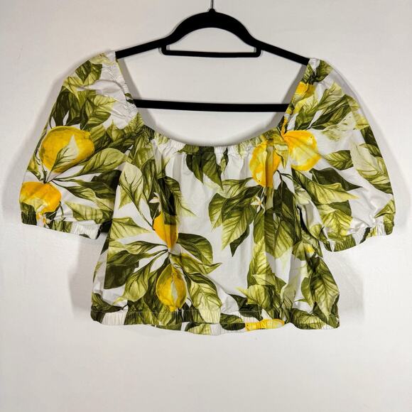 H&M Puff Sleeve Lemon Fruit Print Square Neck Crop Top Size M Cotton Cottage - Picture 2 of 7
